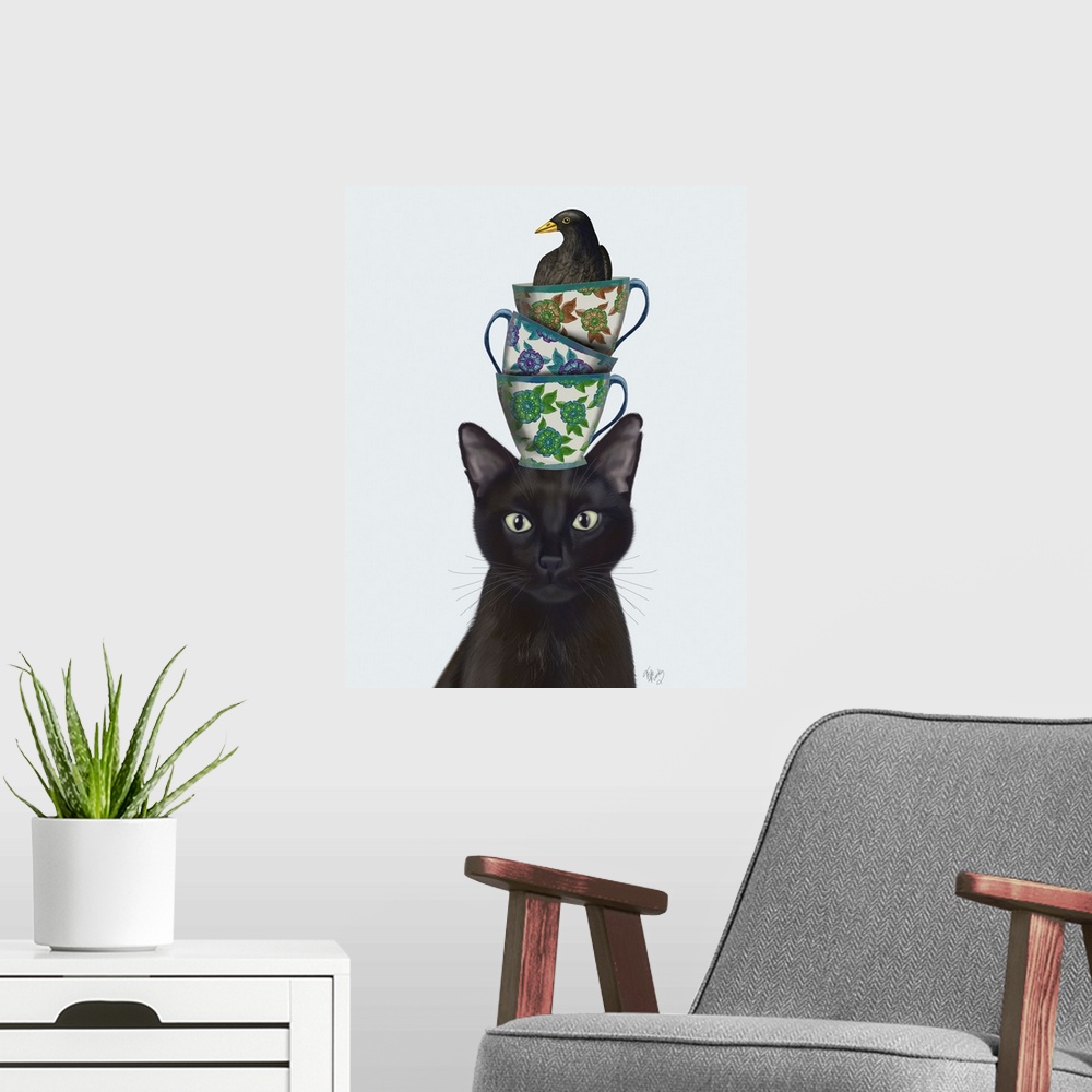 A modern room featuring Black Cat with Teacups and Blackbird