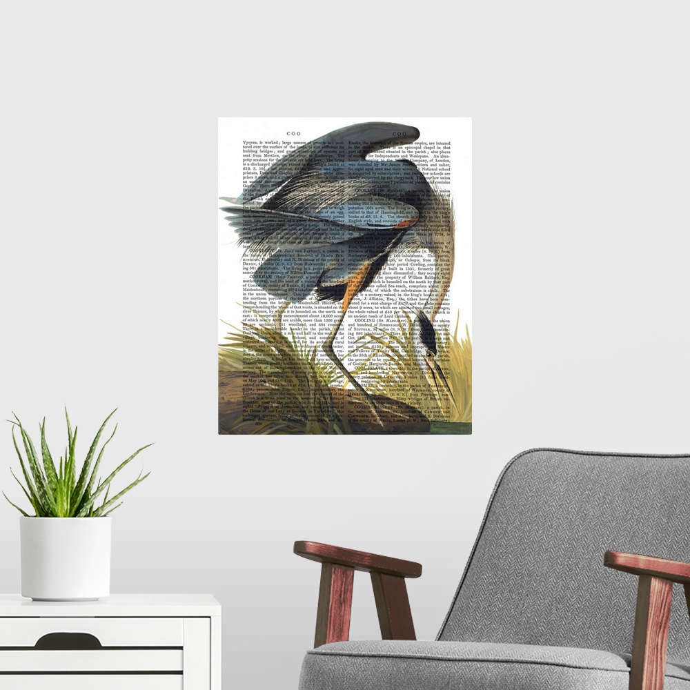 A modern room featuring A blue heron painted over a vintage dictionary page.