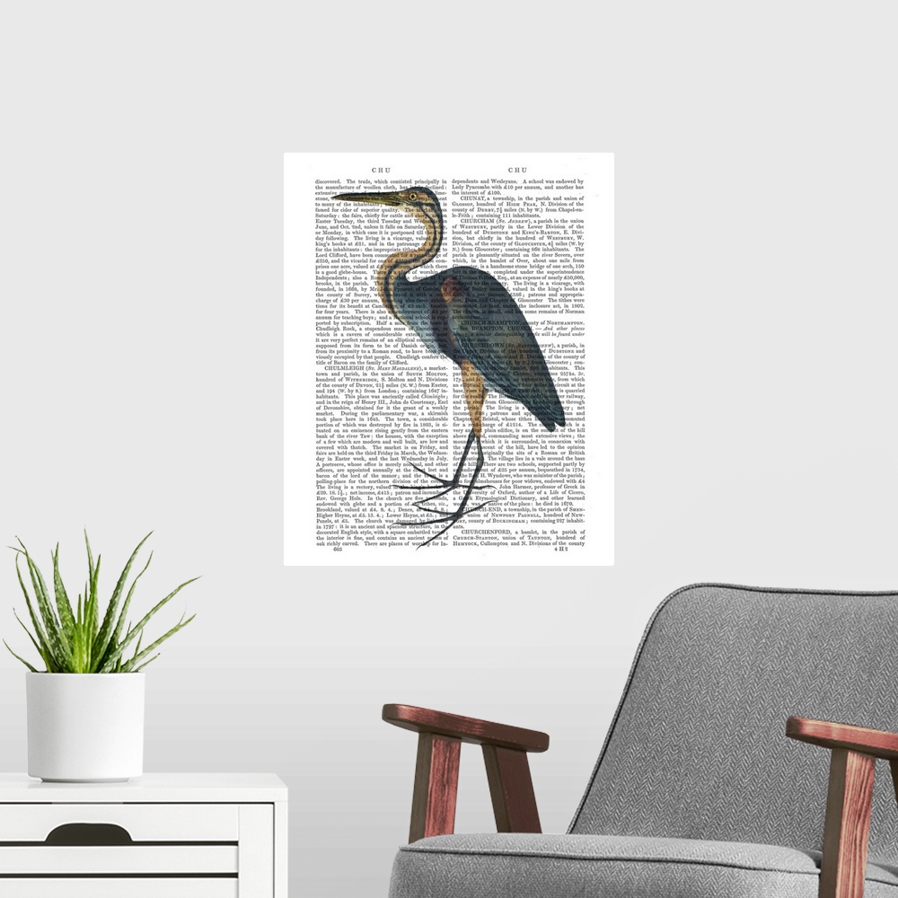 A modern room featuring A heron painted over a vintage dictionary page.