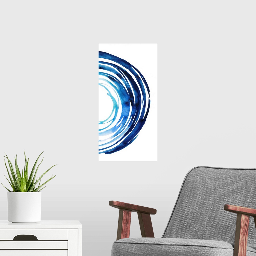 A modern room featuring This contemporary artwork is part one of two that contains a half circle made up of blue gestural...