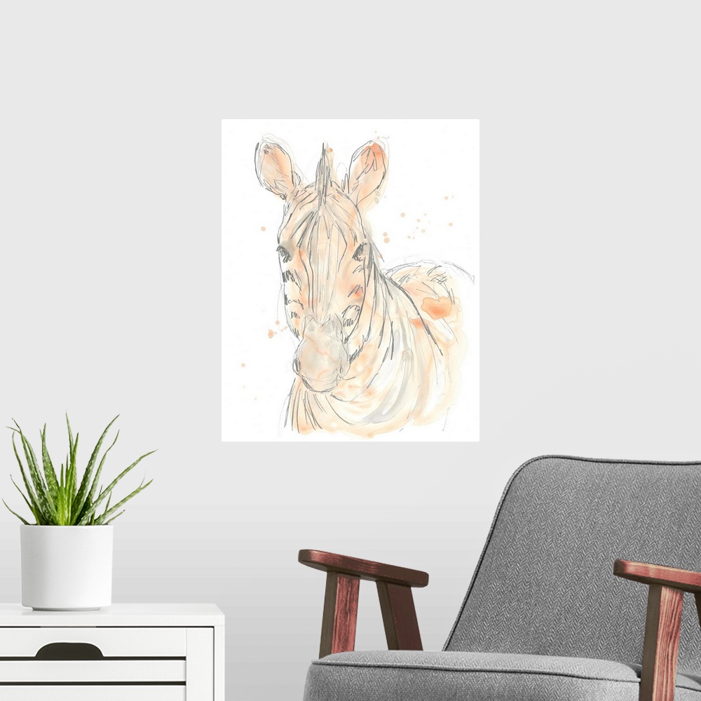 A modern room featuring Blush pink and gray watercolor painting of a zebra.