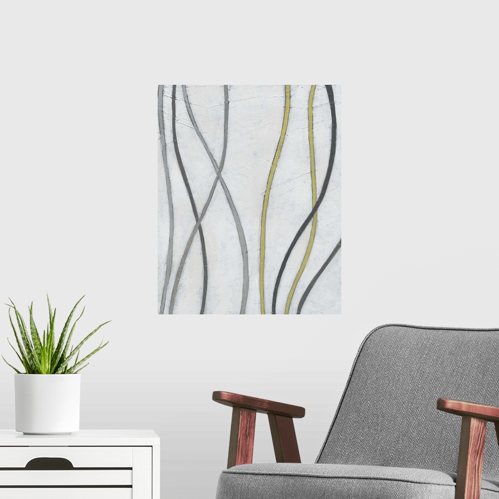A modern room featuring Abstract artwork of thin vines weaving along a white background.