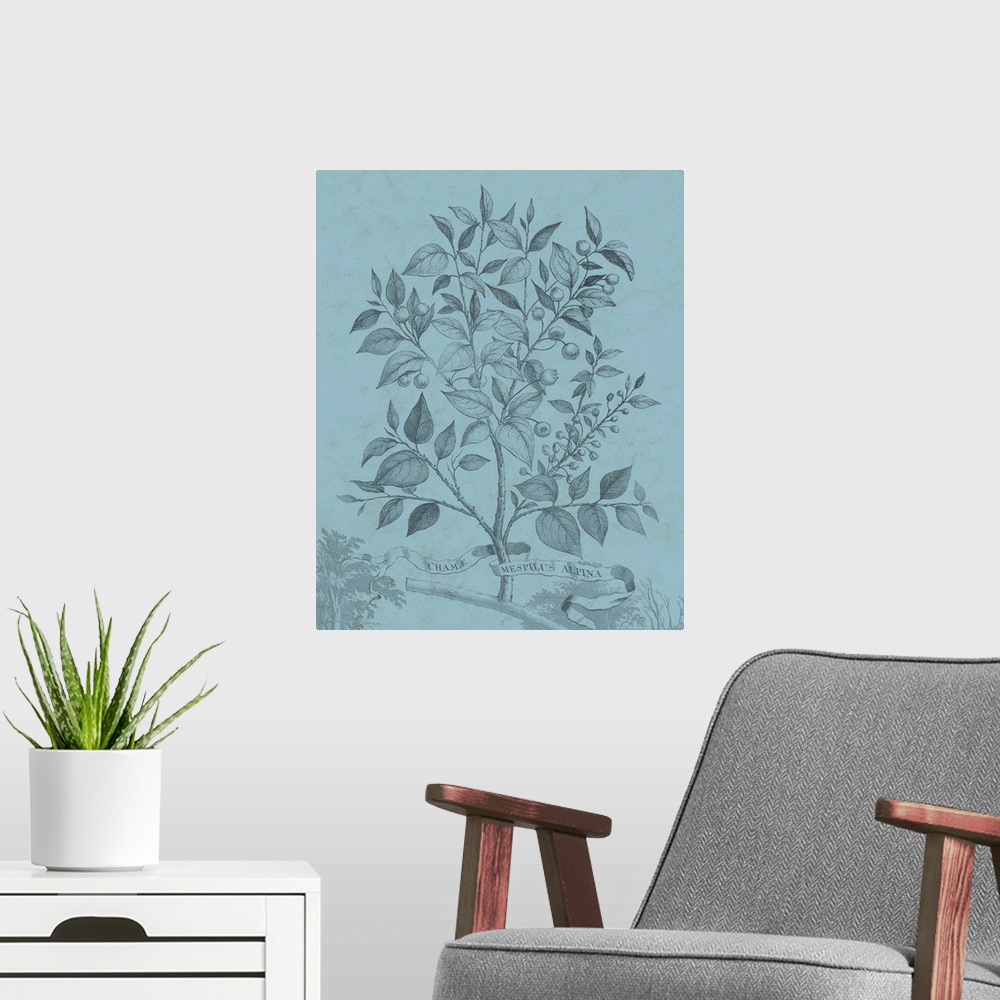 A modern room featuring This decorative artwork features an illustrative plant over a distressed blue background with the...