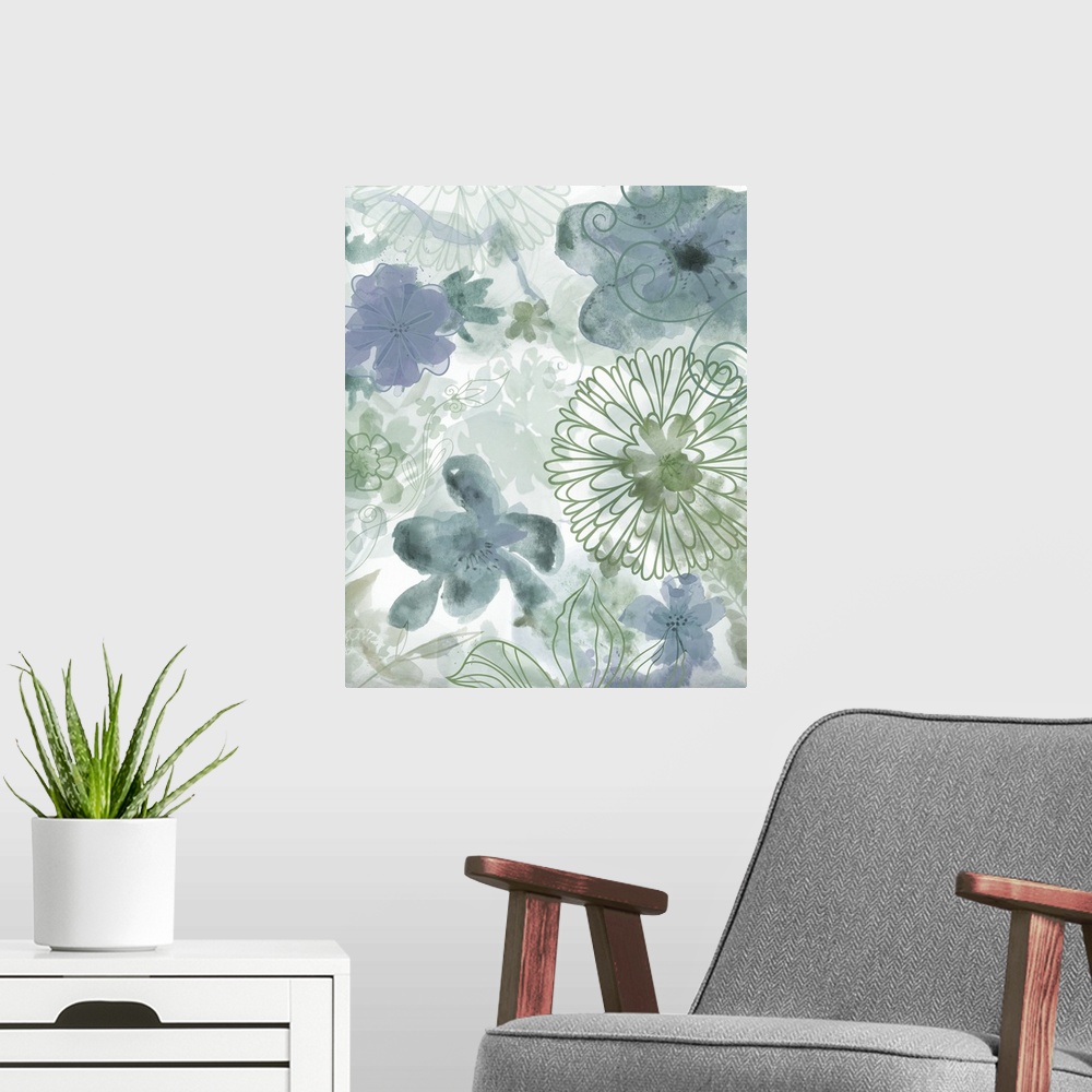 A modern room featuring Soft and subdued watercolor flowers are painted in cool shades over a white background that is de...