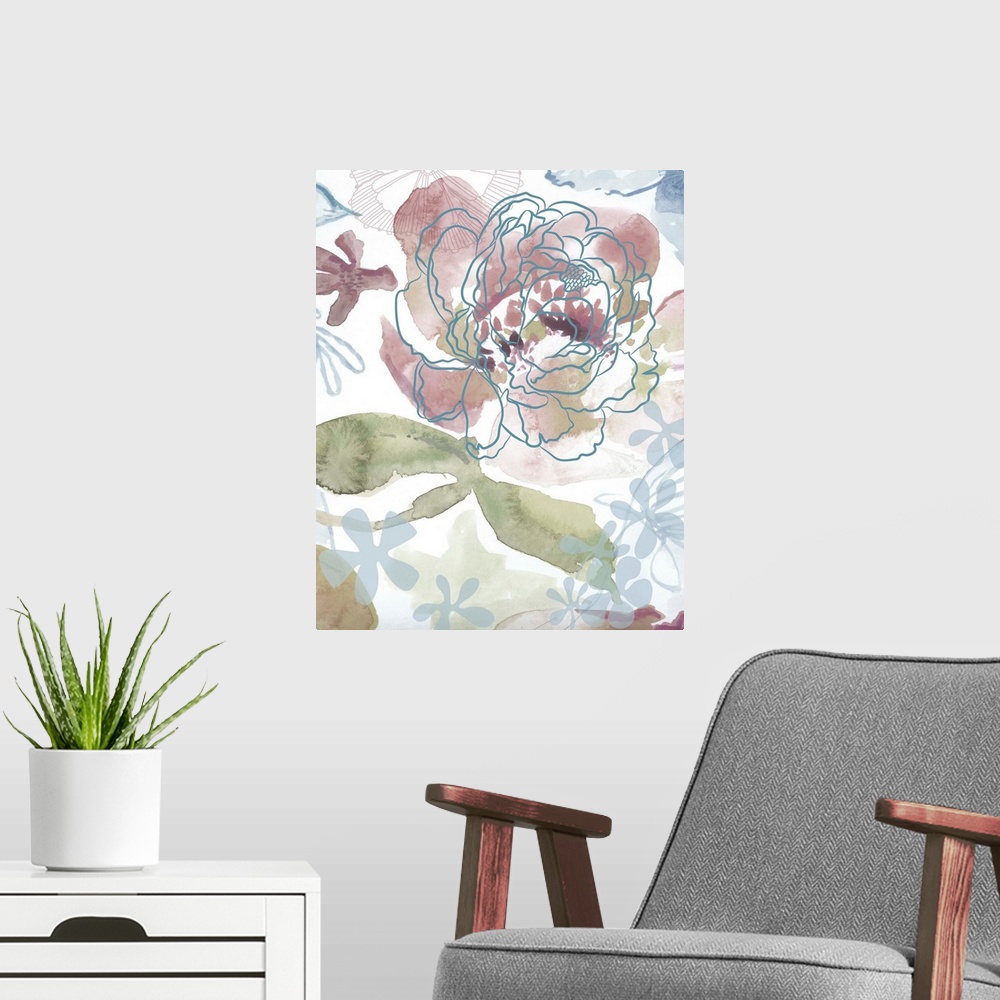 A modern room featuring Soft and subdued watercolor flowers are painted in cool shades over a white background that is de...