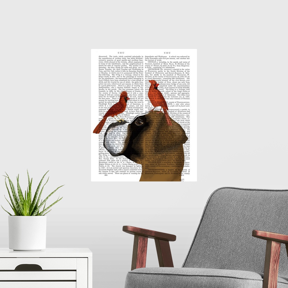 A modern room featuring Decorative art with a boxer and two red cardinals on its head painted on the page of a book.
