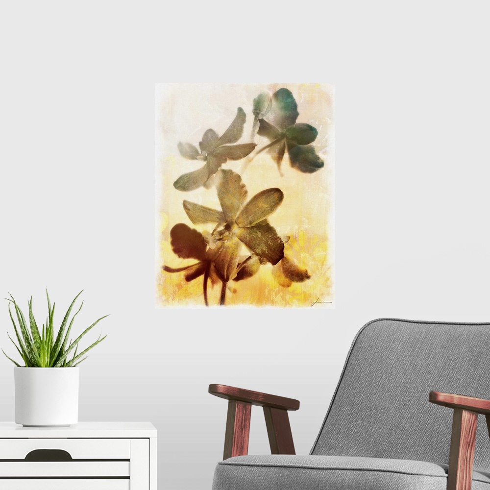 A modern room featuring Contemporary artwork of dark washed out looking flowers against a pale floral patterned background.