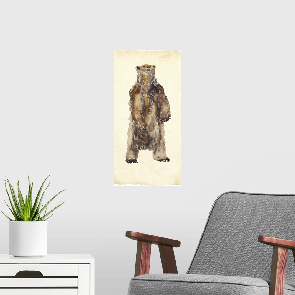 A modern room featuring Large panel painting of a grizzly bear standing up on two feet.