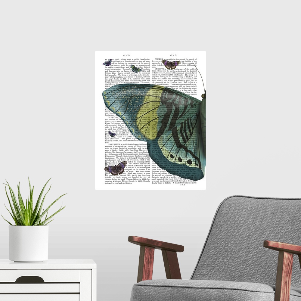A modern room featuring Decorative artwork with half of a turquoise and yellow butterfly and smaller flying butterflies p...