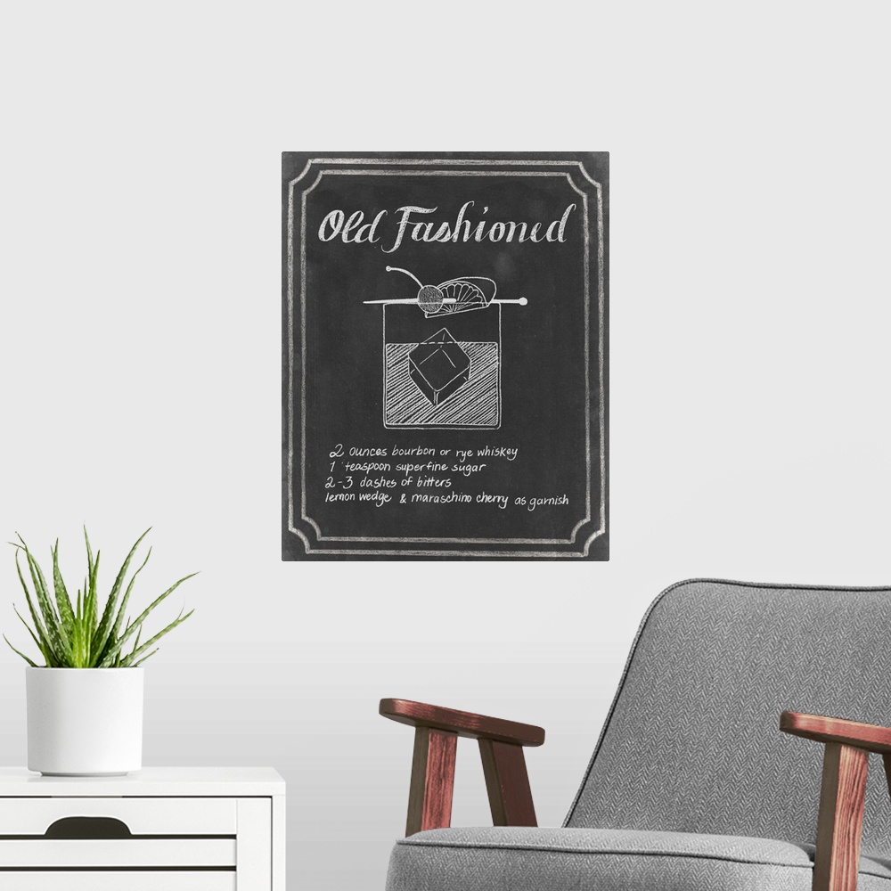 A modern room featuring Chalkboard style cocktail themed home decor artwork.