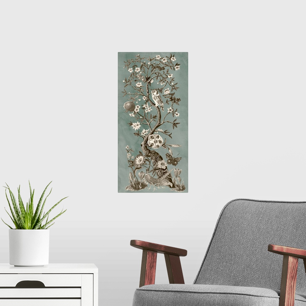 A modern room featuring Vintage style artwork of a tree with flowering branches and butterflies.