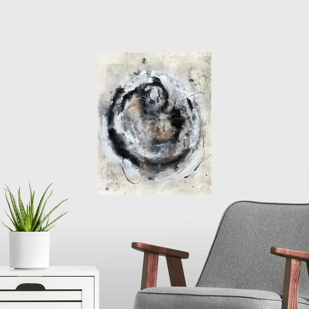 A modern room featuring Brush strokes in shades of black, gray and rust pulsate in a circular pattern over a distressed b...