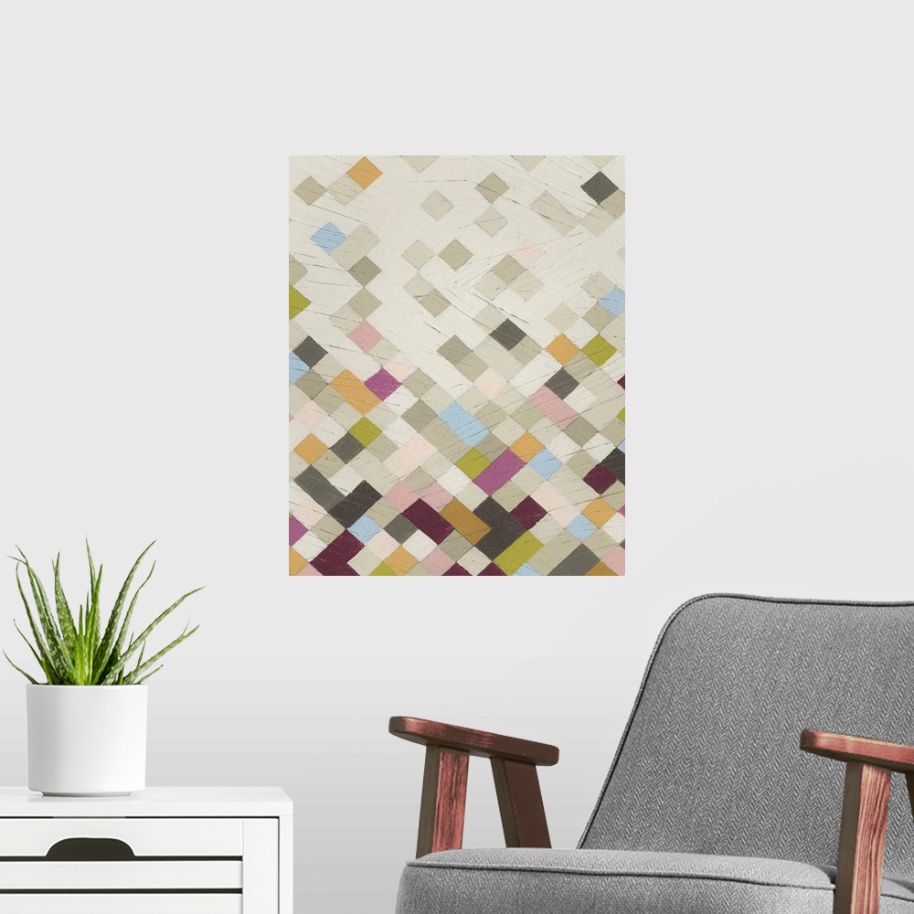 A modern room featuring Contemporary abstract art using lattice diamond patterns in soft colors.