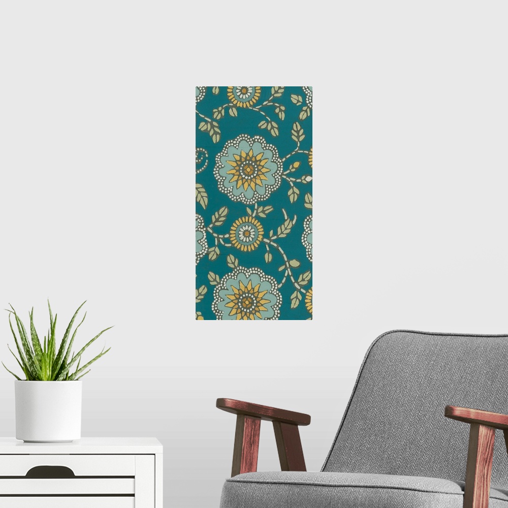 A modern room featuring Decorative floral patterned artwork using blue and green tones.
