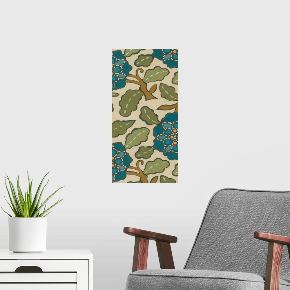 A modern room featuring Decorative floral patterned artwork using blue and green tones mixed with earth tones.