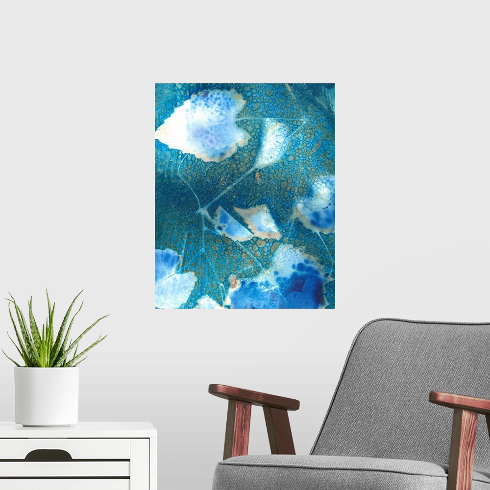A modern room featuring Cyanotype Leaves I