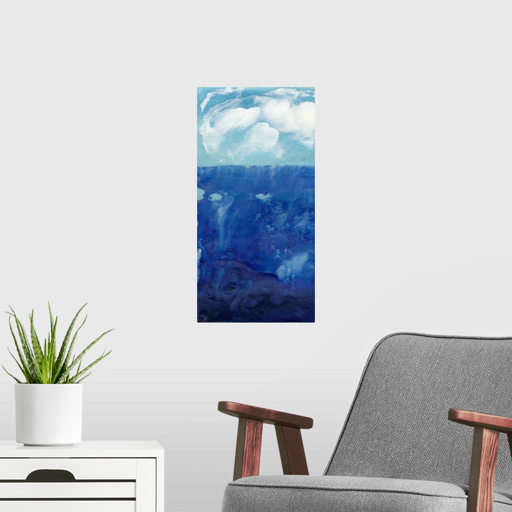 A modern room featuring This vertical contemporary artwork features a tumultuous sea with white fluffy clouds floating ab...