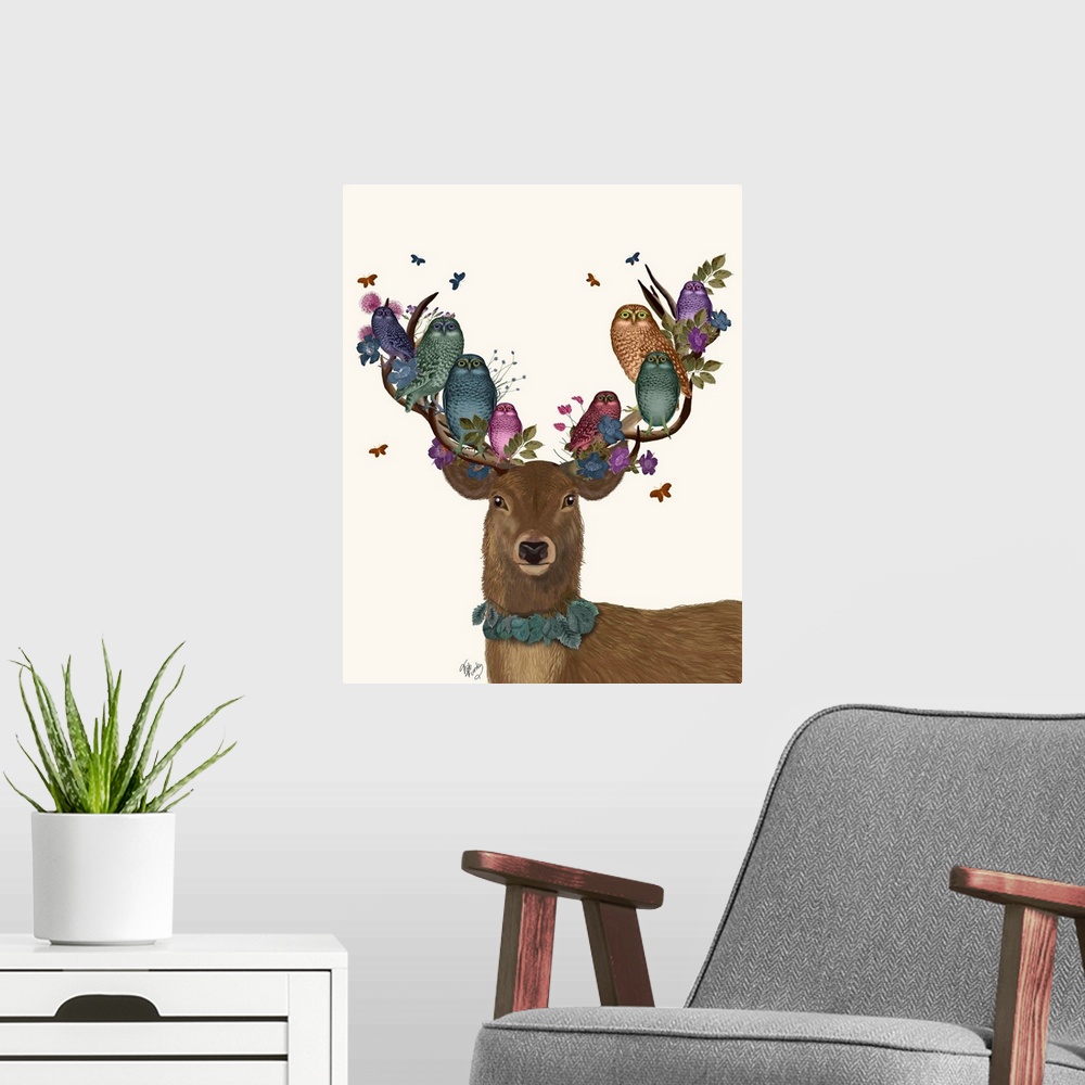 A modern room featuring Digital illustration of a buck wearing leaves around his neck and on his antlers and colorful owls.