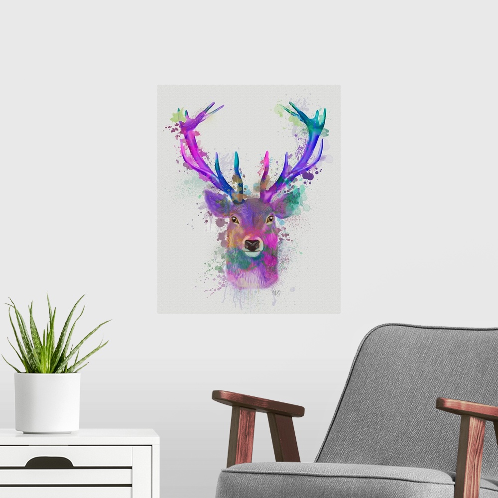 A modern room featuring Deer Head 1 Rainbow Splash Pink and Purple