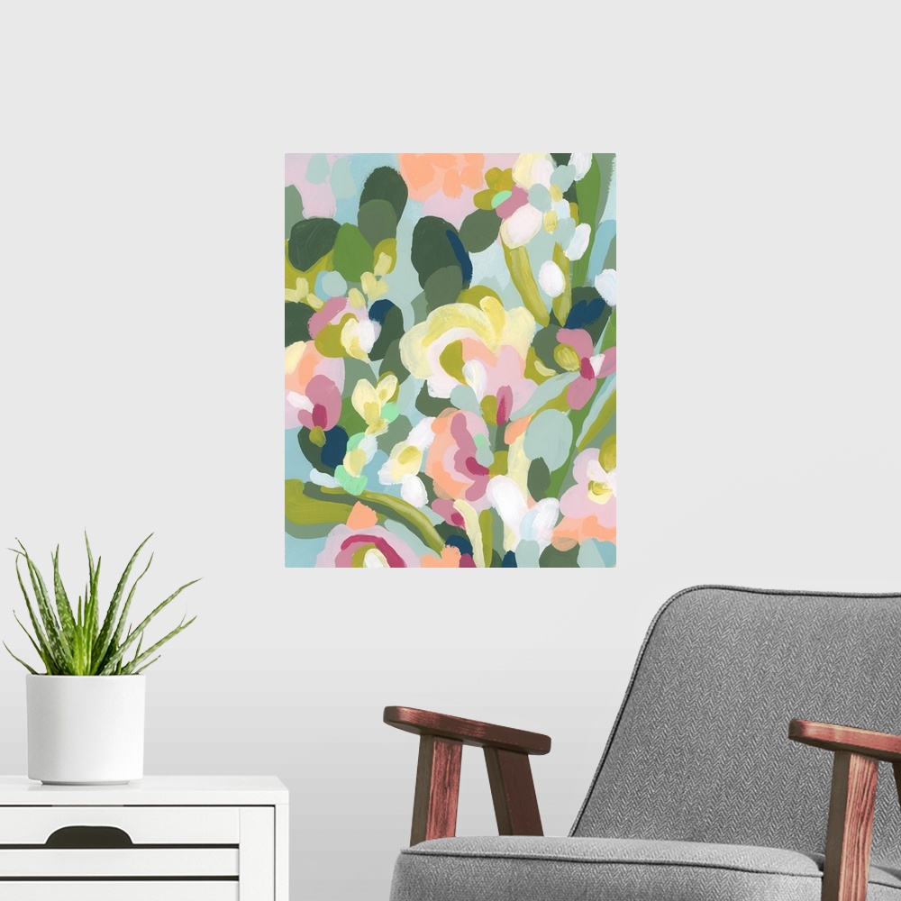 A modern room featuring A very abstracted painting of a flower garden in spring pastel colors