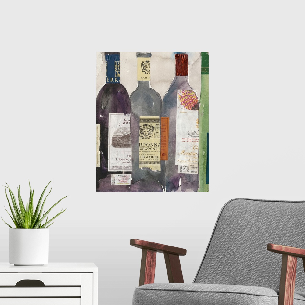 A modern room featuring Watercolor painting of a collection of colorful wine bottles.