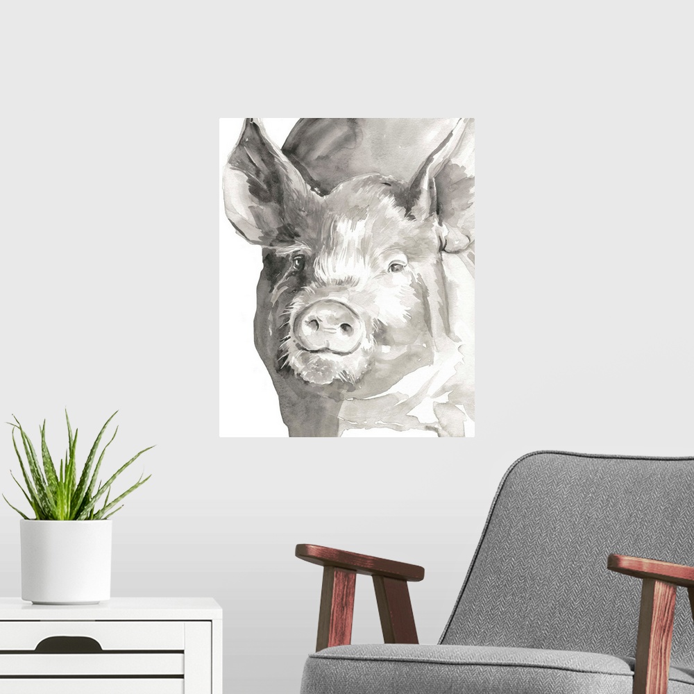 A modern room featuring Watercolor portrait of a pig in gray.