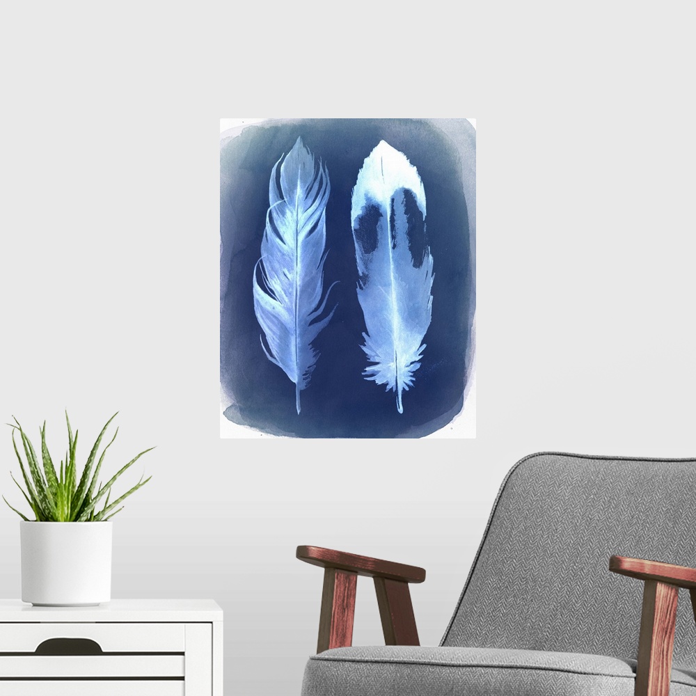 A modern room featuring Watercolor painting of two feathers, with the appearance of a film negative.
