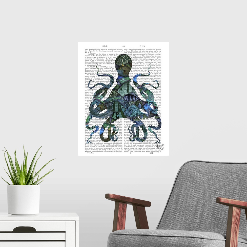 A modern room featuring Fishy Blue Octopus
