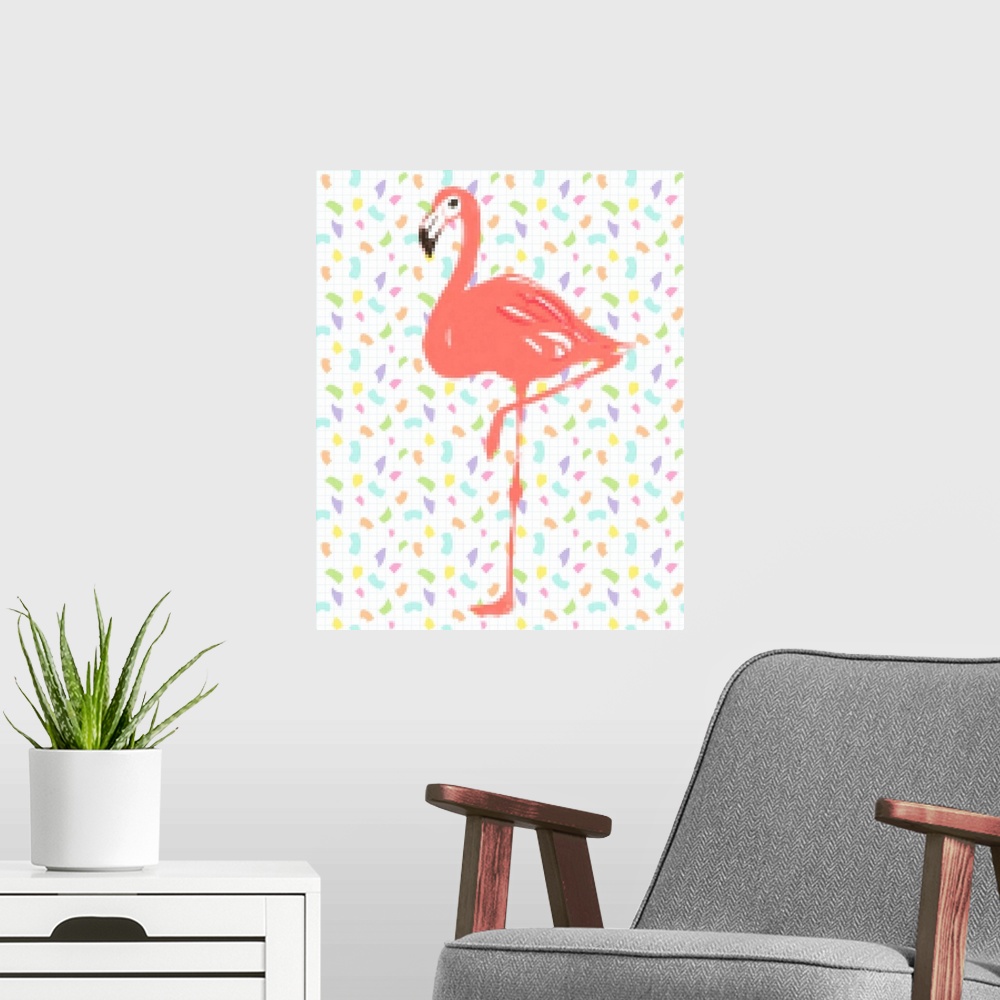 A modern room featuring Flamingo Pixel Party I