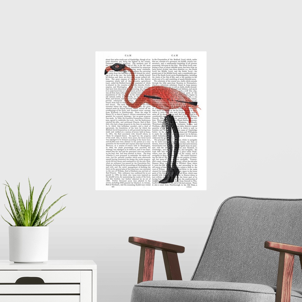 A modern room featuring Decorative art with a flamingo wearing long black boots and a mask painted on the page of a book.