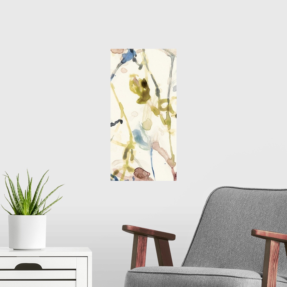 A modern room featuring Flower Drip Triptych I