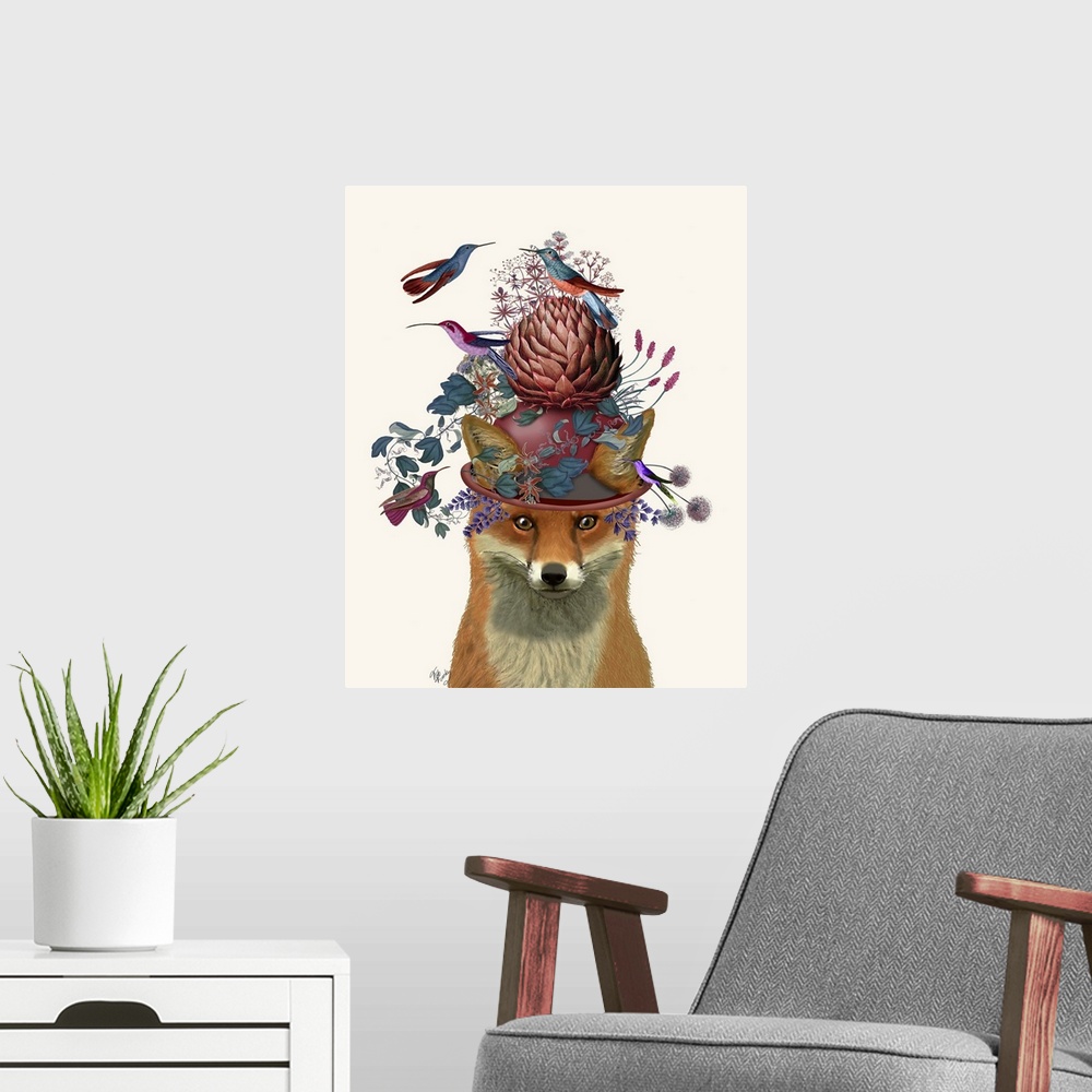 A modern room featuring Digital illustration of a fox wearing a hat covered with flowers on an artichoke surrounded by bi...