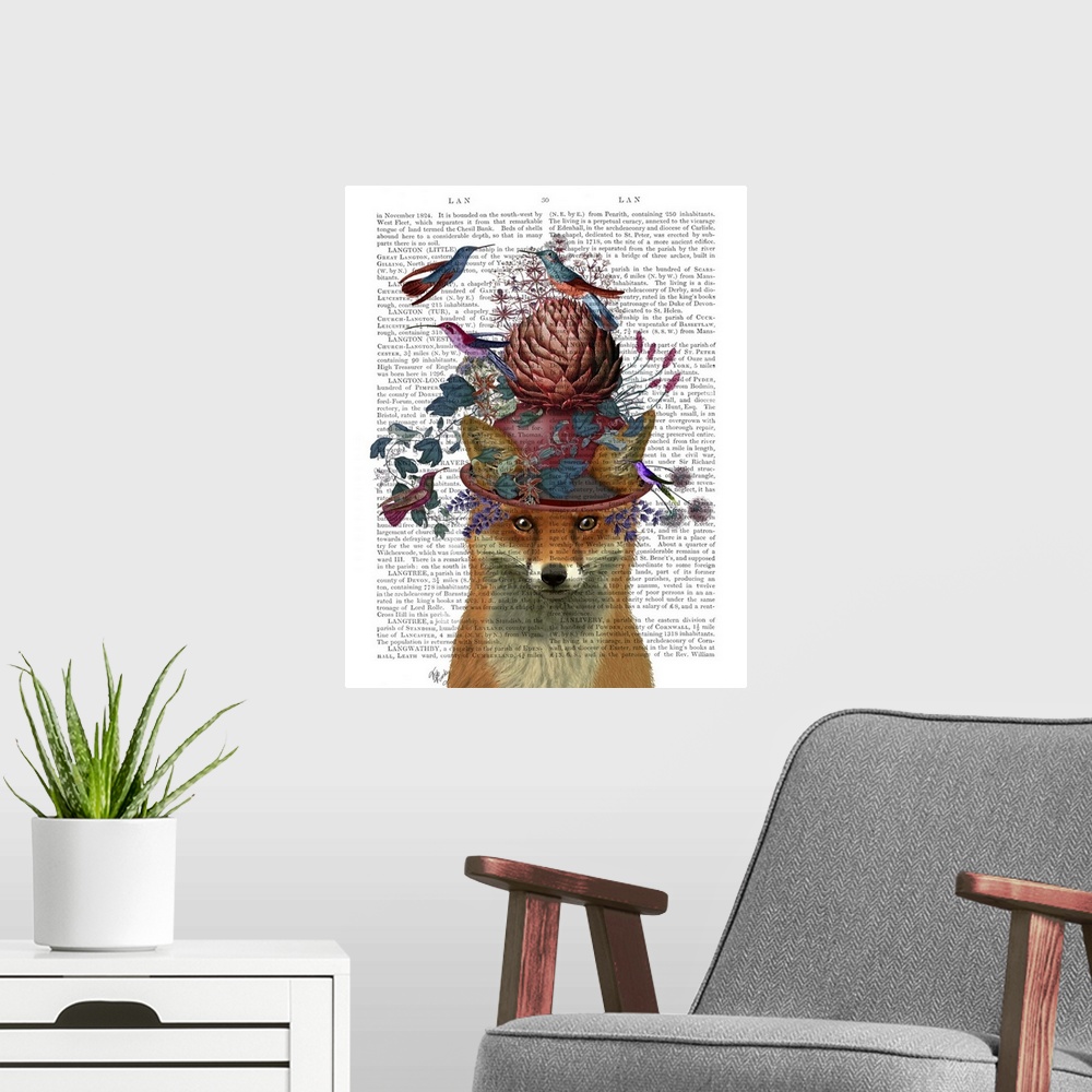 A modern room featuring Digital illustration of a fox wearing a hat covered with flowers on a artichoke surrounded by bir...