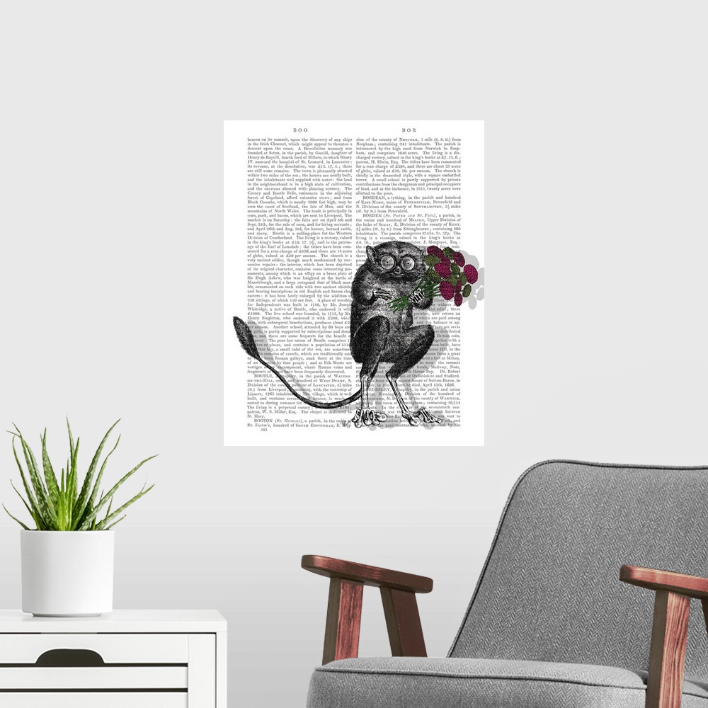 A modern room featuring Decorative artwork of an animal holding a bouquet of red flowers painted on the page of a book.
