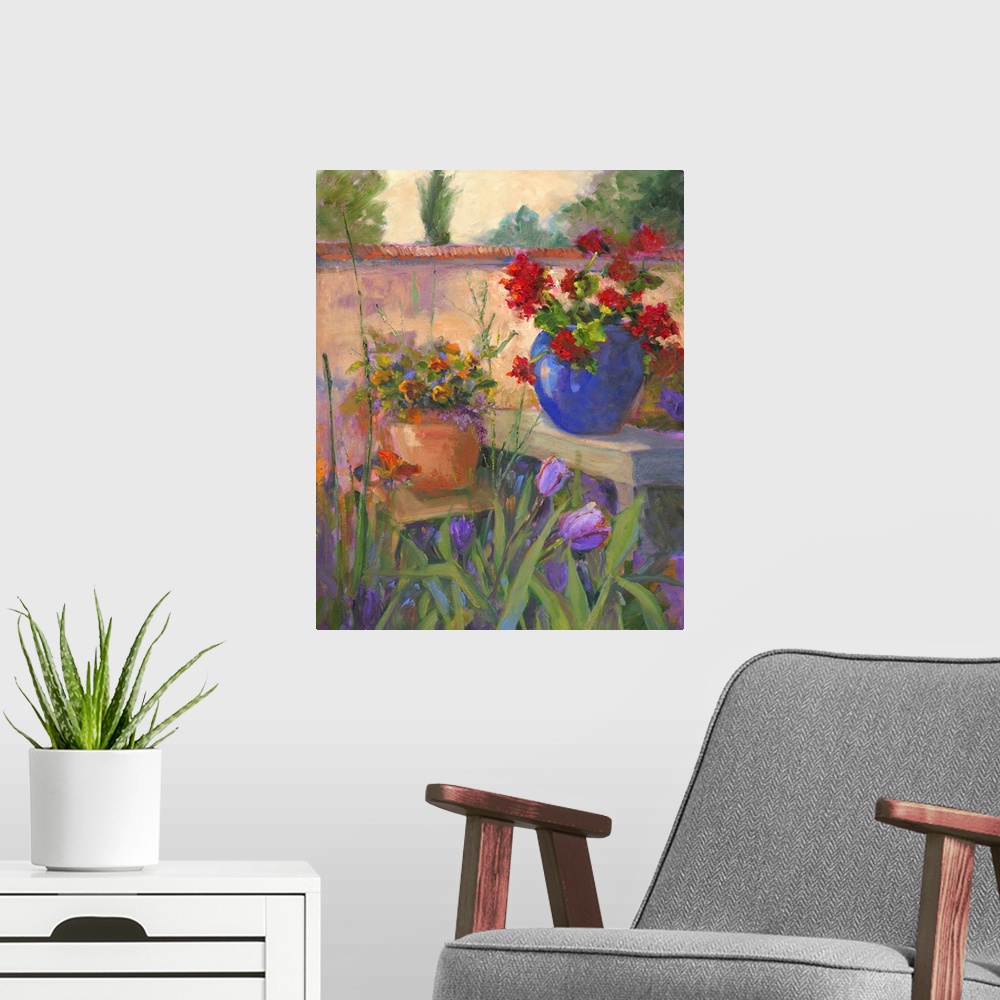 A modern room featuring Still life painting of two potted flowers on benches in a walled garden.