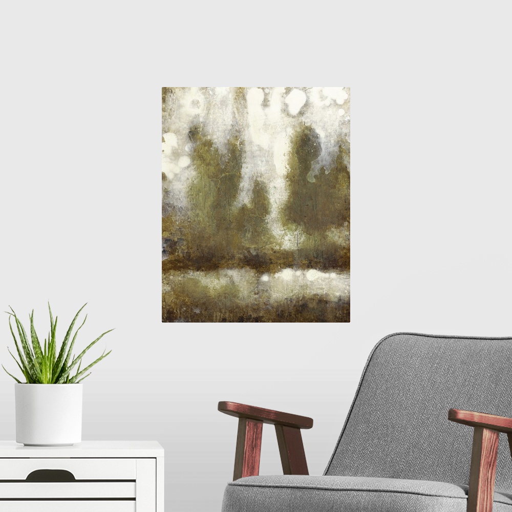 A modern room featuring Painting of a an abstracted view of trees.