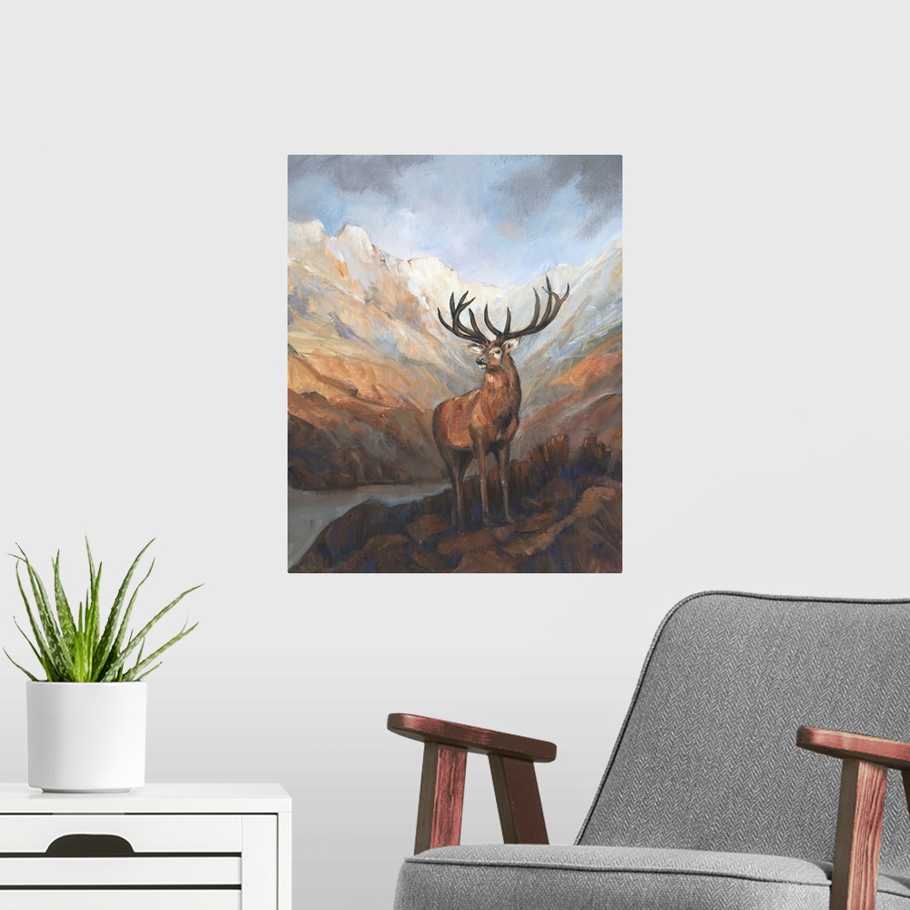 A modern room featuring Portrait in the traditional style of a majestic red deer in the mountains, reminiscent of the pai...