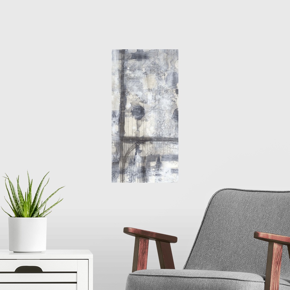 A modern room featuring Contemporary abstract painting using gray tones with vertical broad strokes.