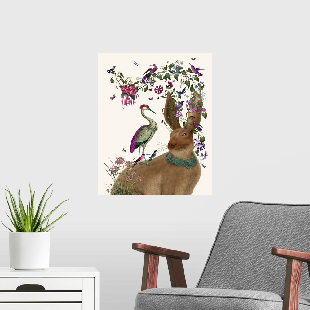 A modern room featuring Digital illustration of a rabbit wearing leaves around his neck and on his ears and colorful birds.