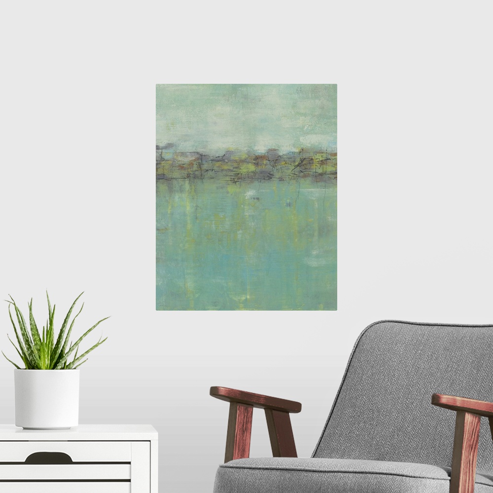 A modern room featuring Contemporary abstract painting using green and blue tones to create what looks like a field.