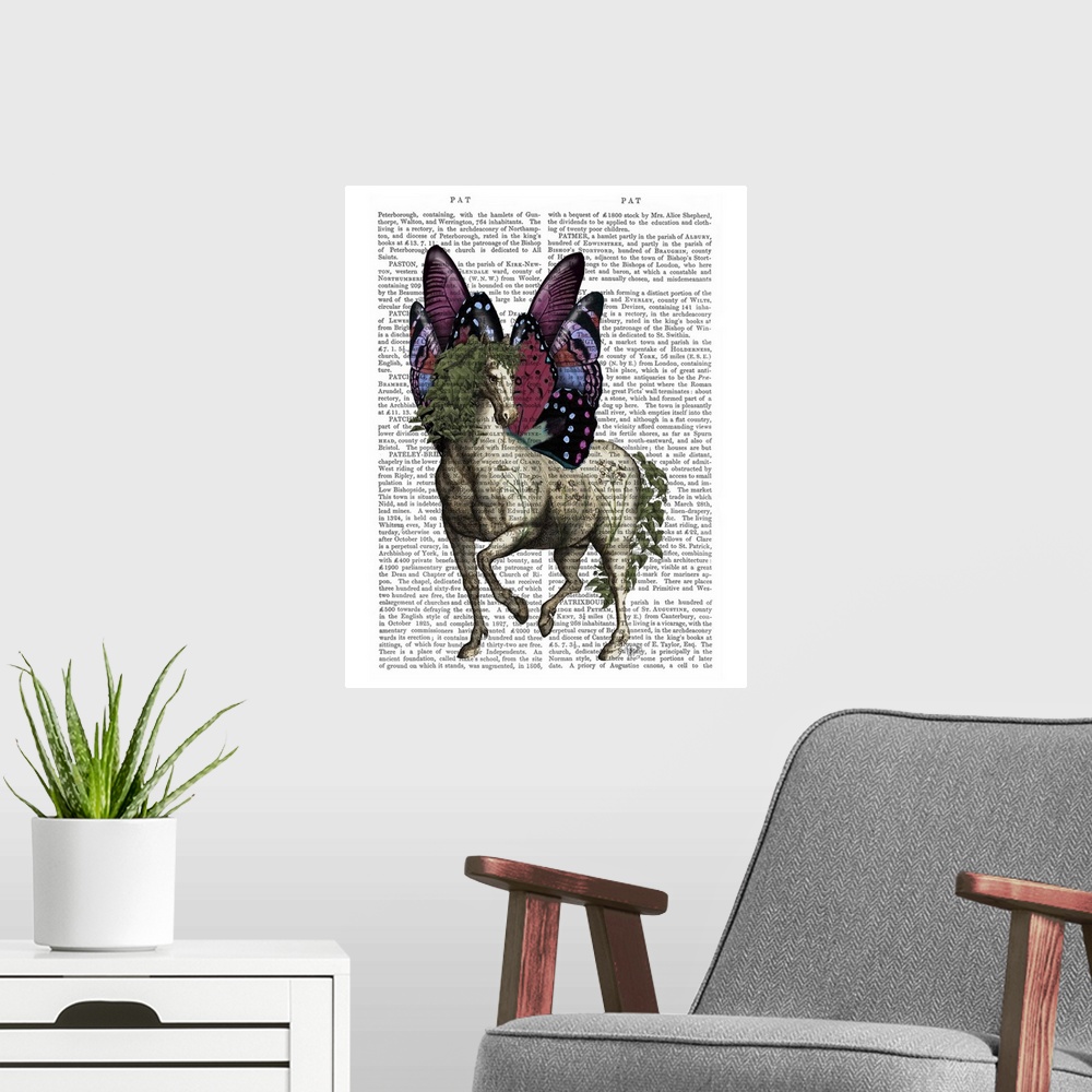 A modern room featuring Decorative artwork of a horse with butterfly wings painted on the page of a book.