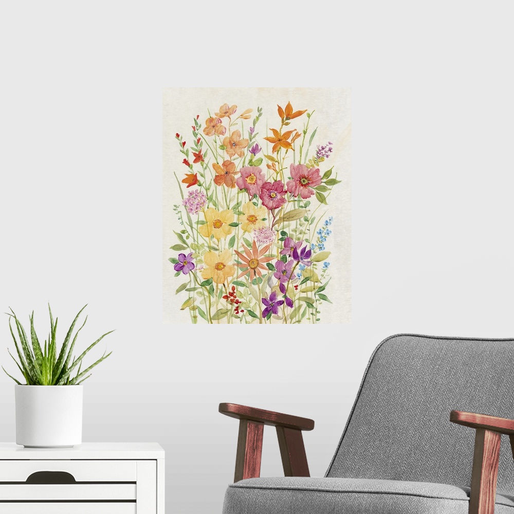 A modern room featuring A charming painting of  vibrant, warm colored wild flowers in a summer garden.