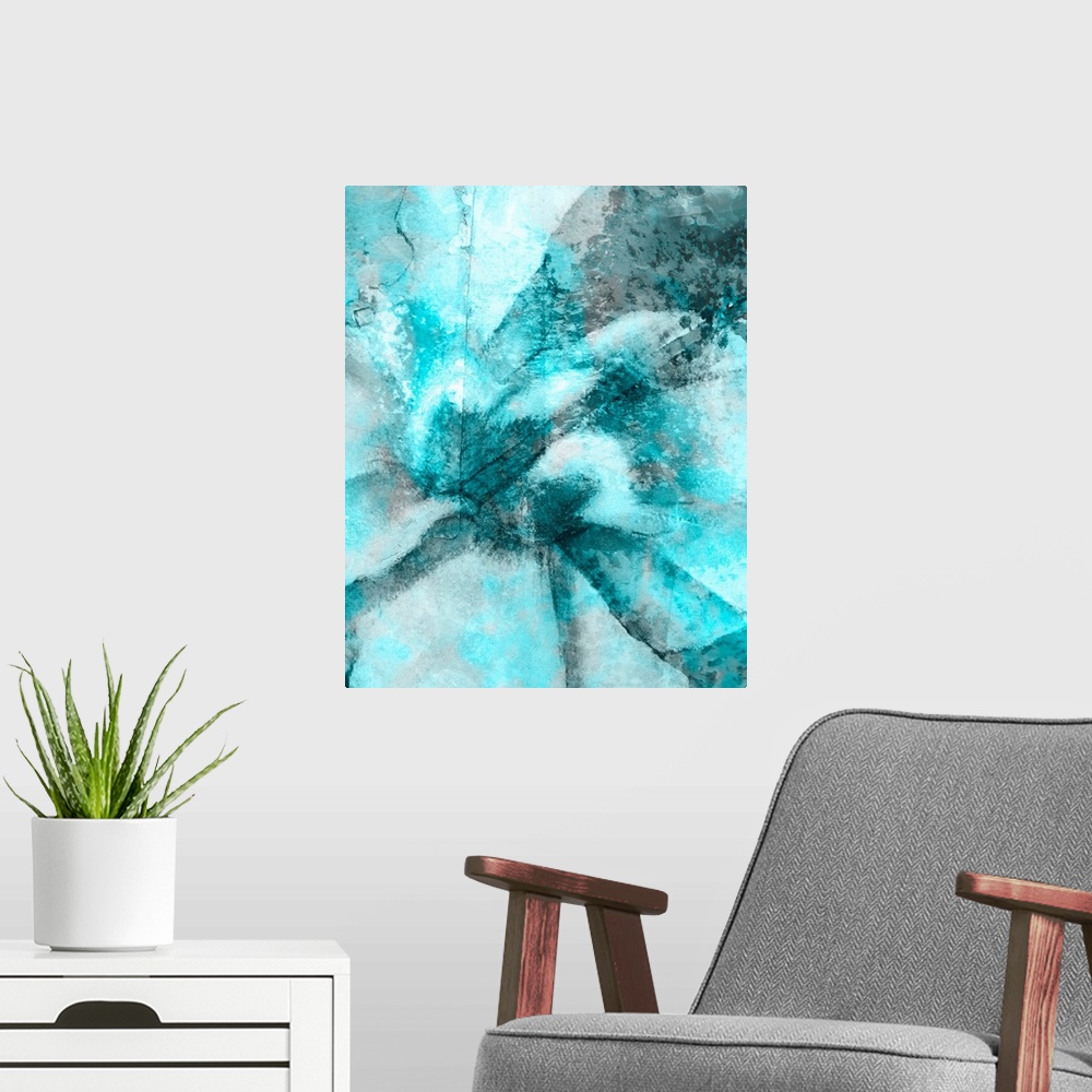 A modern room featuring Abstract painting of various shades of blue on canvas.