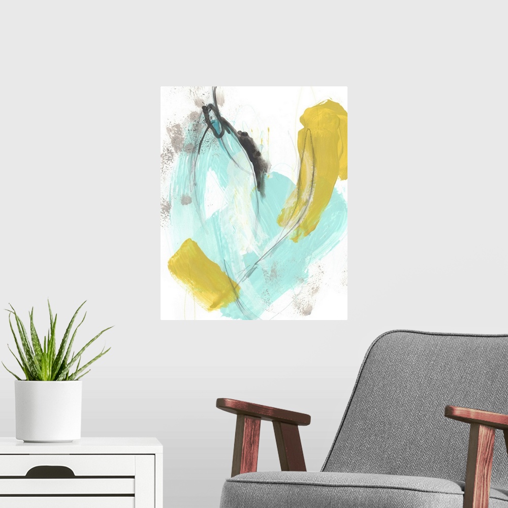 A modern room featuring Abstract artwork in summery teal and yellow tones.