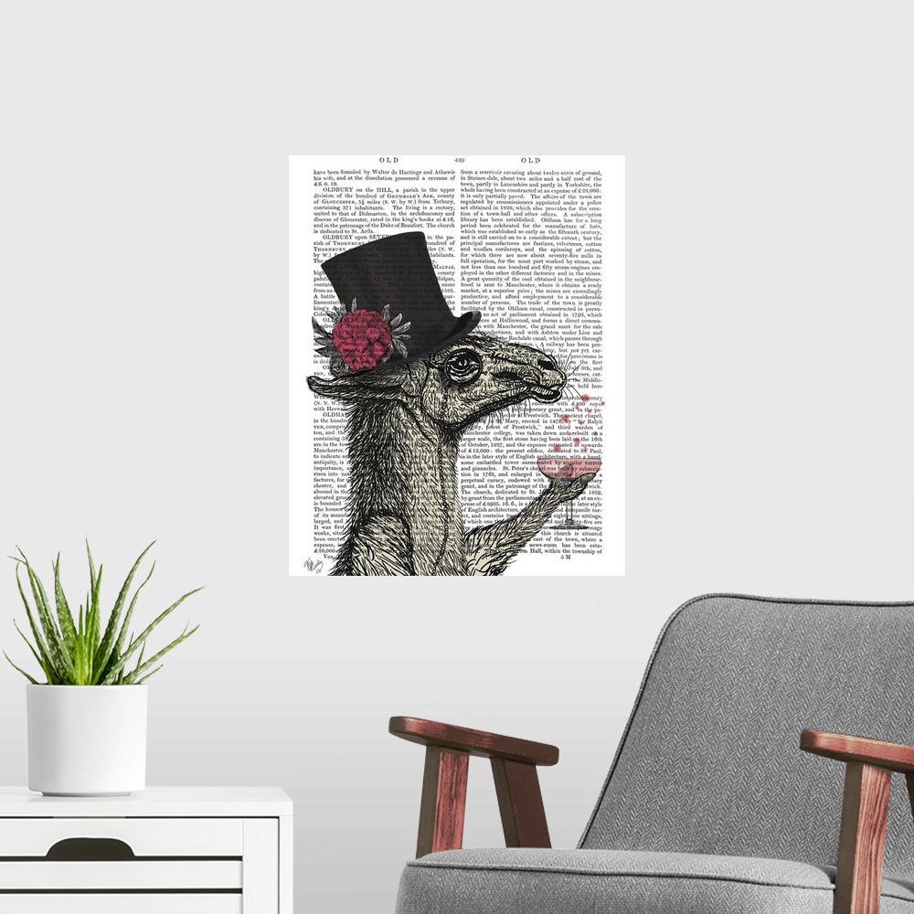 A modern room featuring Decorative artwork with a llama wearing a top hat and drinking a cocktail, painted on the page of...