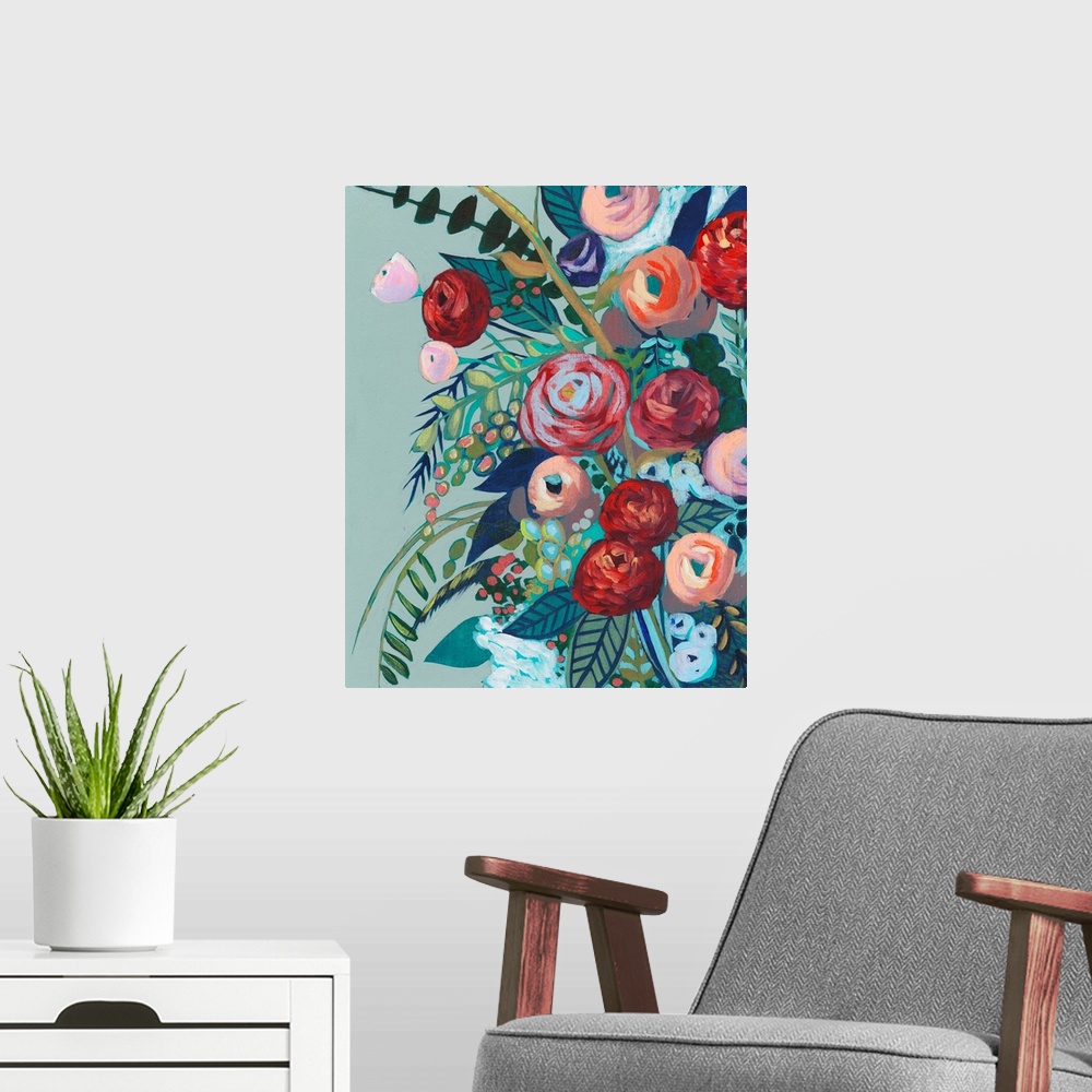 A modern room featuring Painting of a colorful bouquet of flowers.