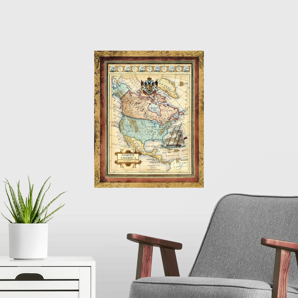 A modern room featuring Map of North America