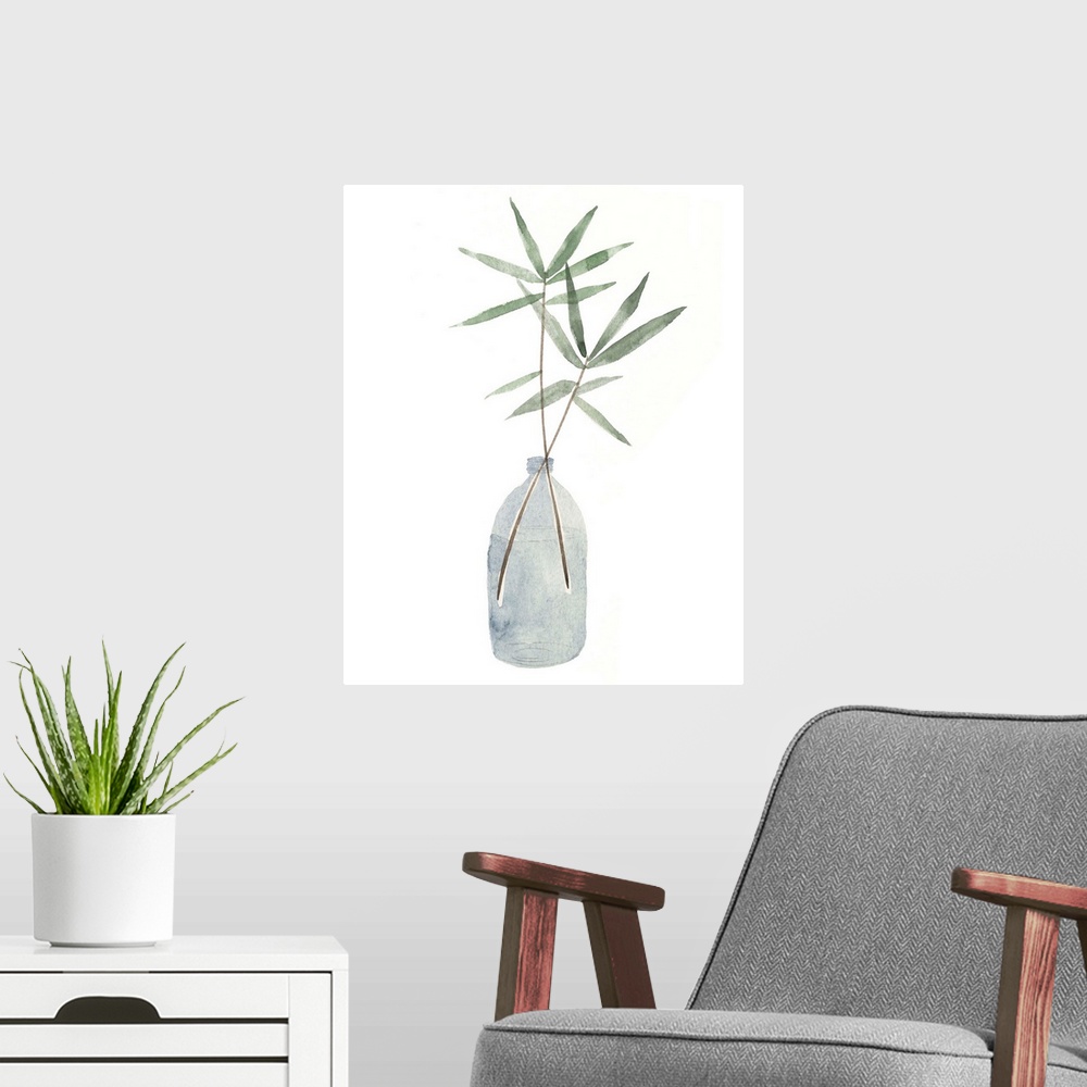 A modern room featuring Watercolor still life painting of leaves in an indigo vase.