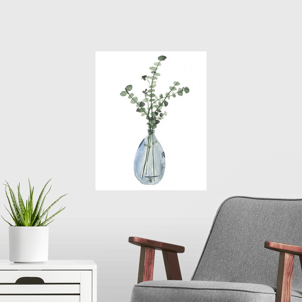 A modern room featuring Watercolor leaves in an indigo vase.