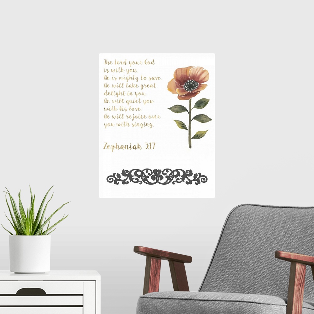 A modern room featuring A handwritten Bible verse with a red poppy and a vintage flourish.